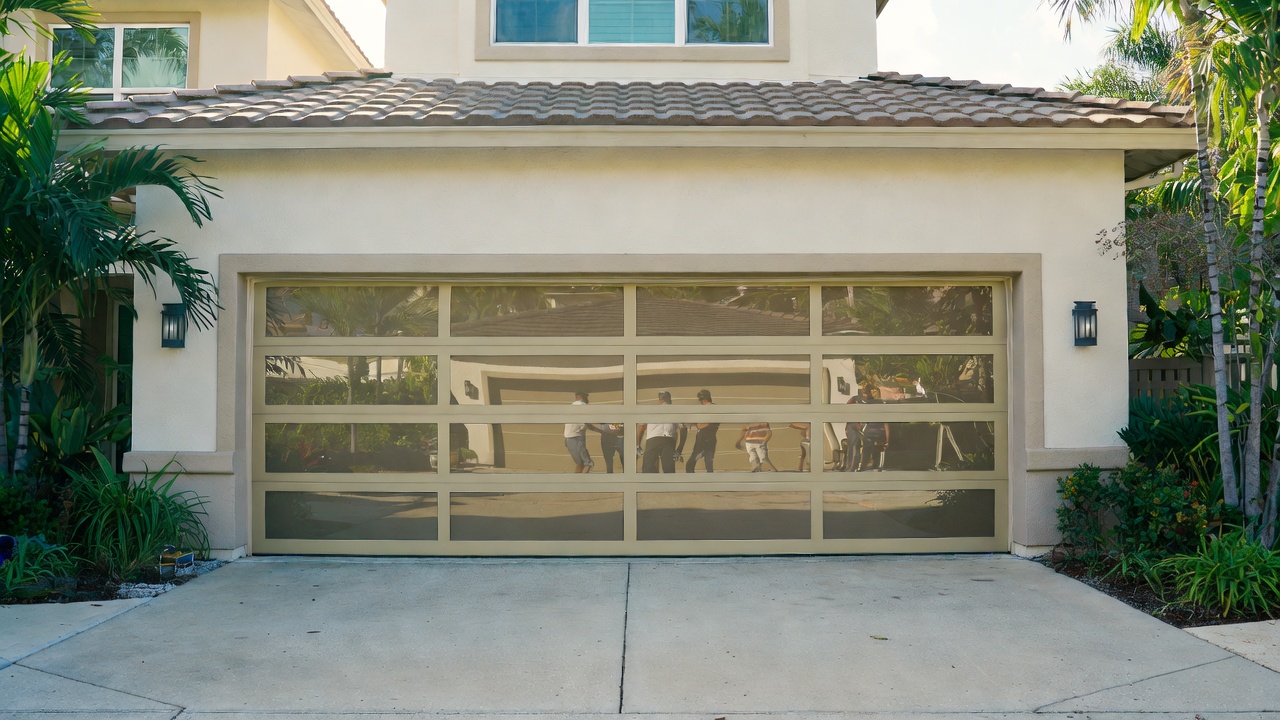 Glass mirror panel garage door